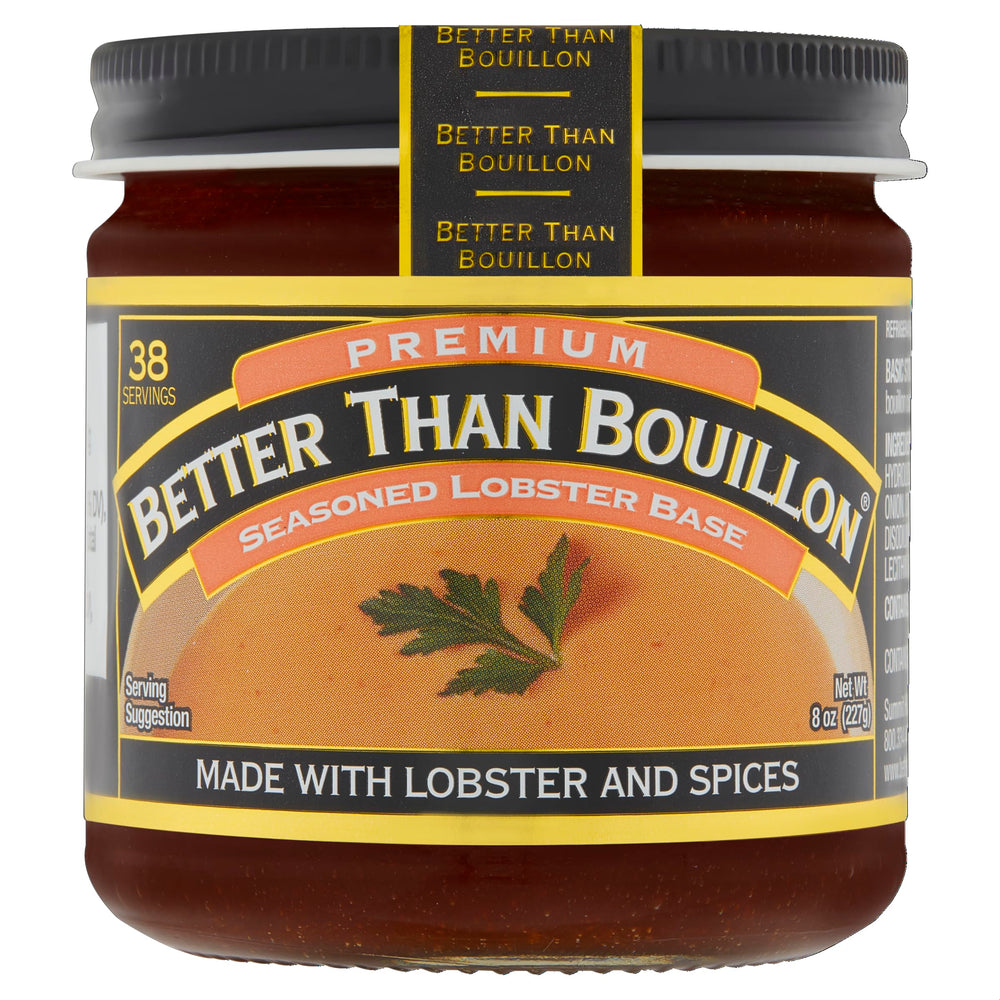 Better Than Bouillon Lobster Base bottle closeup, rich lobster flavor ready to enhance soups