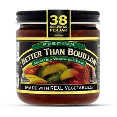 Better Than Bouillon Seasoned Vegetable Base bottle front shows a rich, ready-to-use broth.