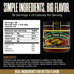 Better Than Bouillon Seasoned Vegetable Base ingredients highlight onions, celery, and carrots.