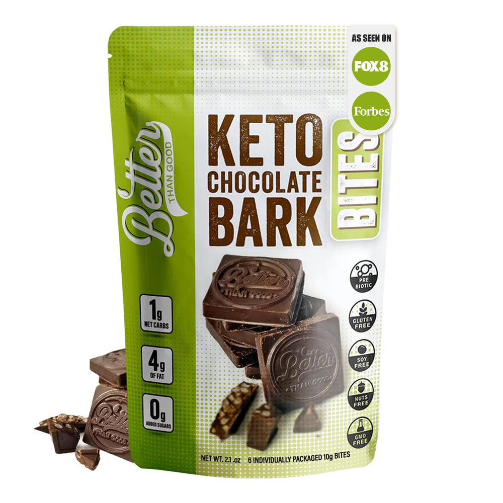 Better Than Good Foods keto chocolate bark bites pack shot, convenient on-the-go snack.