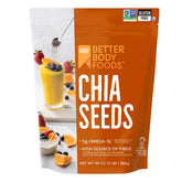 BetterBody Foods chia seeds bag front—gluten-free, fiber-rich topping for oats.