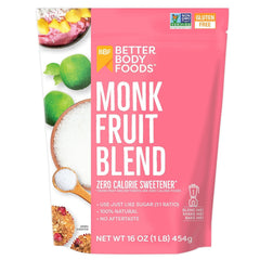 BetterBody Foods Monk Fruit Sweetener Blend bottle front, zero-calorie sugar substitute.