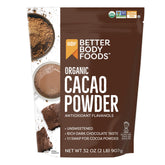 BetterBody Foods Organic Cacao Powder unsweetened in a bag for smoothies and baking