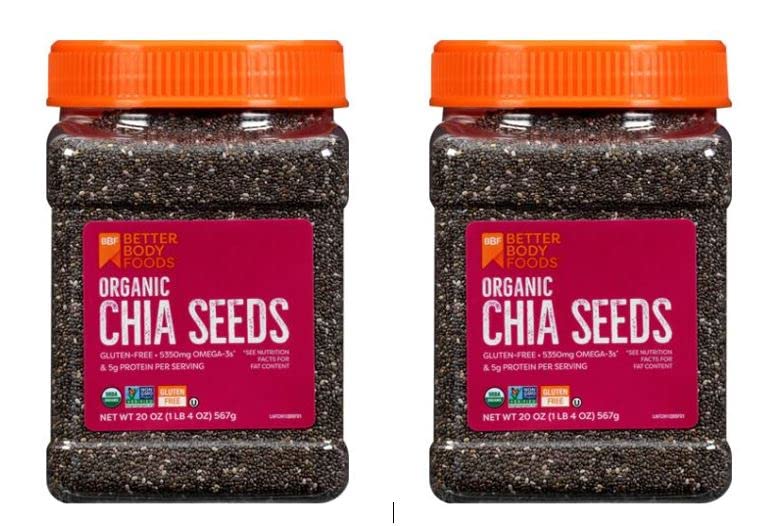 BetterBody Foods organic chia seeds in airtight jar close-up, ideal for pantry storage and quick nutrition.