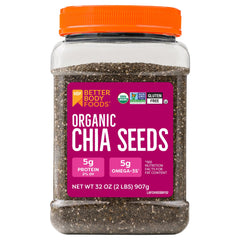 BetterBody Foods Organic Chia Seeds bowl close-up showing fiber-packed texture for smoothies