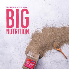 Measuring spoon with BetterBody chia seeds for precise recipe portions.