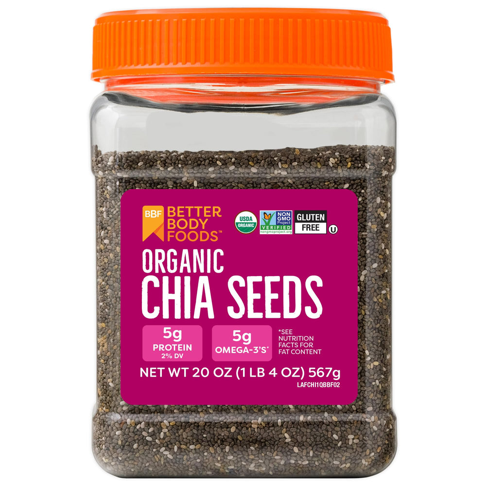 BetterBody Foods Organic Chia Seeds packaging for easy pantry storage and use.