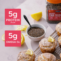 Chia seeds in a blender adding texture to a smoothie for boost.