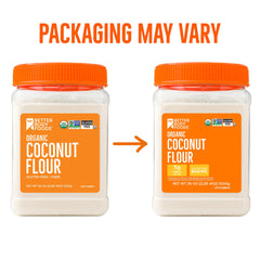 BetterBody Foods Organic Coconut Flour texture close-up shows light, fine powder for moist batters