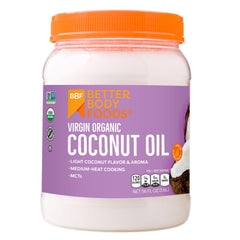 BetterBody Foods organic unrefined coconut oil bottle for cooking and skincare.