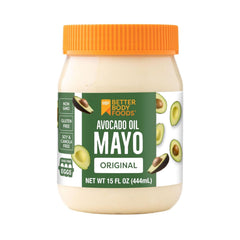 BetterBody Foods Avocado Oil Mayonnaise bottle shows creamy texture for versatile meals.