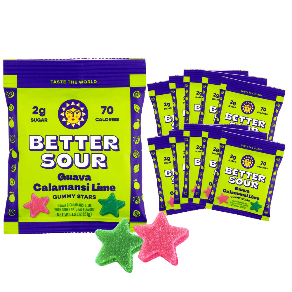 Better Sour guava calamansi lime gummy stars on a plate, tangy tropical snack