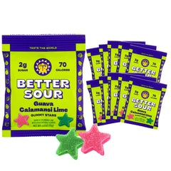 Better Sour guava calamansi lime gummy stars on a plate, tangy tropical snack