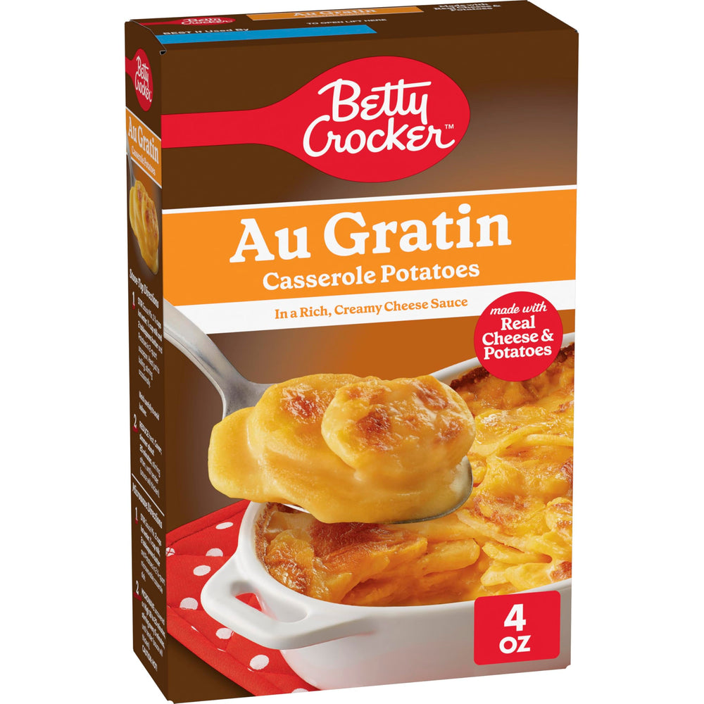 Betty Crocker Au Gratin Potatoes box on shelf, convenient side dish for weeknights.