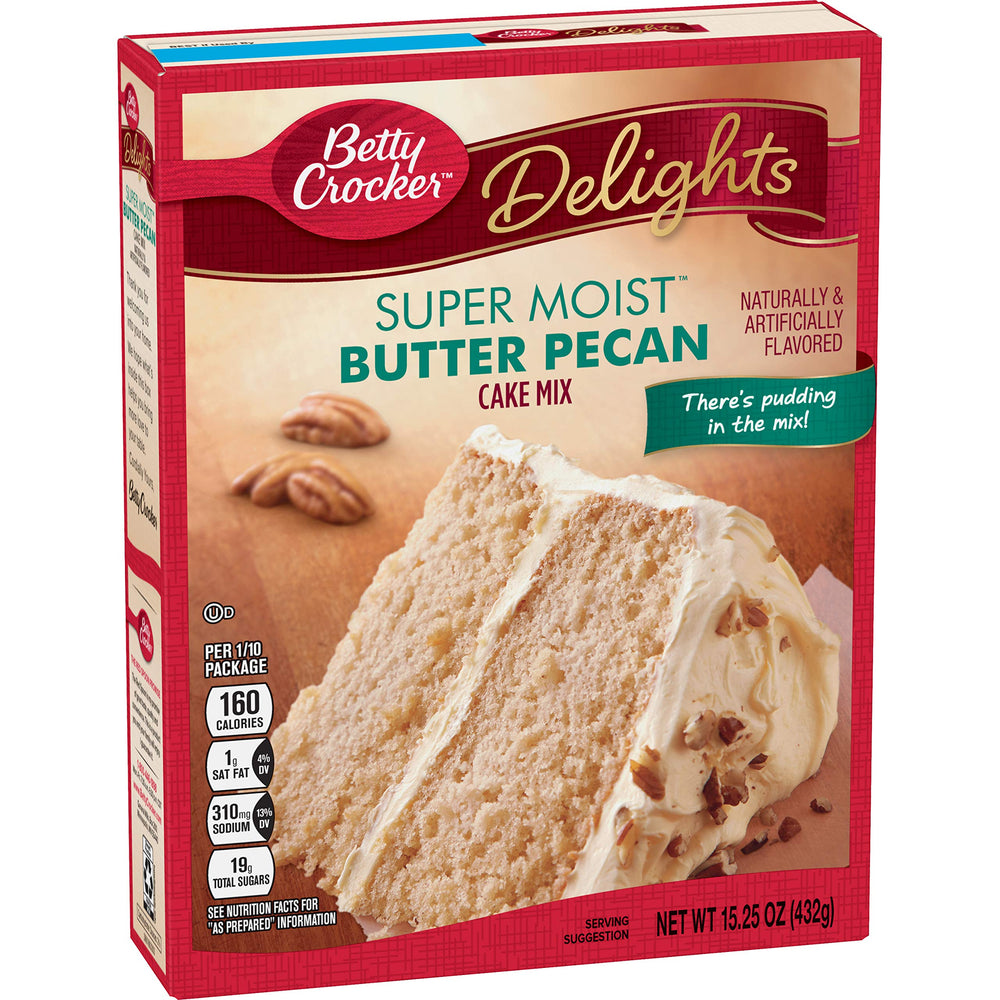 Betty Crocker Butter Pecan cake mix pour for easy prep and moist results