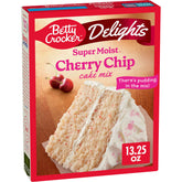Betty Crocker Delights Cherry Chip Cake Mix in a bowl for quick, moist cake.