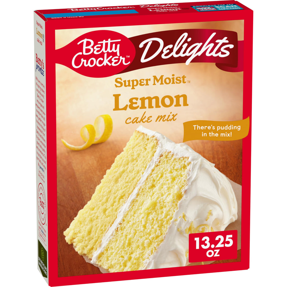 Betty Crocker Delights lemon cake mix box on a kitchen counter for quick dessert prep