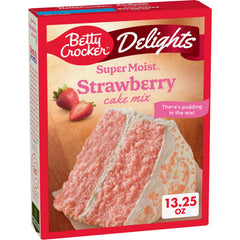 Betty Crocker Delights strawberry cake mix box ready for quick desserts.