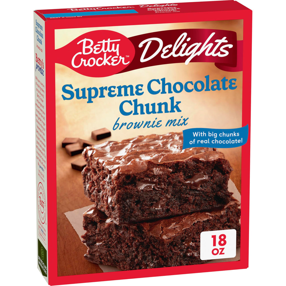 Betty Crocker Delights Supreme Chocolate Chunk Brownie Mix packaging ready for quick baking