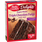 Betty Crocker Delights cake mix box ready for baking, chocolate indulgence