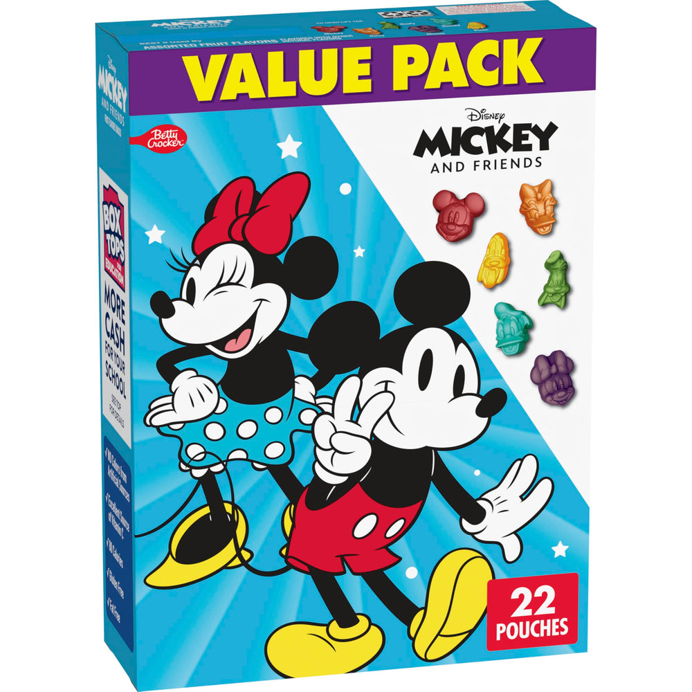 Betty Crocker Disney Mickey fruit snacks pouch opened for on-the-go fun.