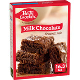 Betty Crocker Milk Chocolate Brownie Mix box on counter for quick dessert prep