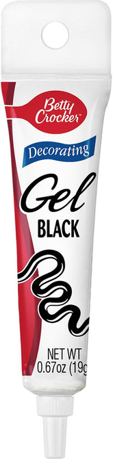 Betty Crocker black gel icing with a precise nozzle for decoration on cookies.