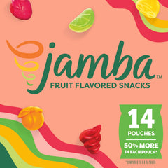 Betty Crocker Jamba Strawberry Surf Rider pouches close-up highlighting fruity chewy texture.