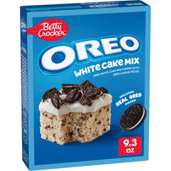 Betty Crocker OREO White Cake Mix box with real Oreo pieces for easy baking.