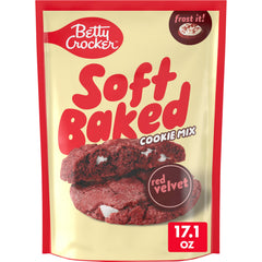 Betty Crocker Soft Baked Red Velvet cookie mix box closeup for quick dessert prep