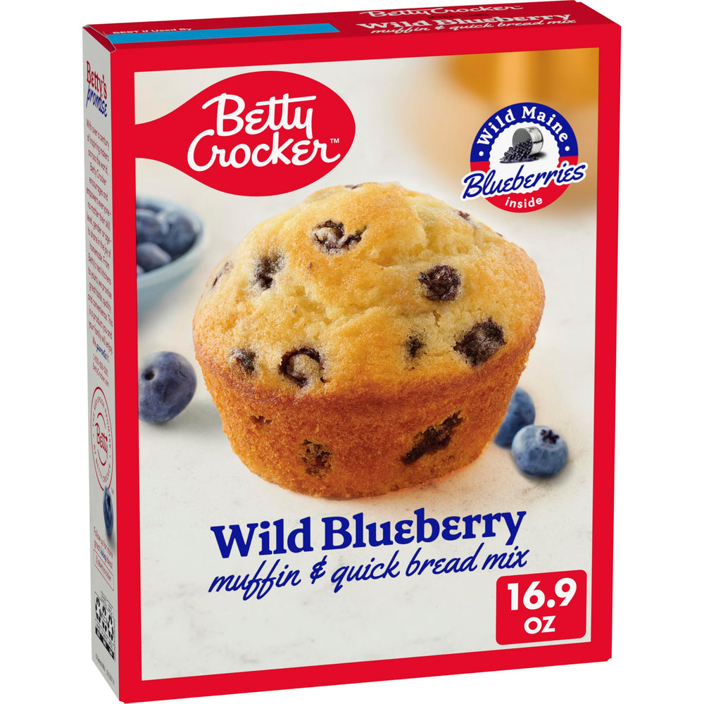 Betty Crocker Wild Blueberry Muffin Box Front, ideal for quick breakfasts.