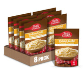 Betty Crocker Yukon Gold mashed potatoes packaging shows an eight-pack, convenient pantry staple.