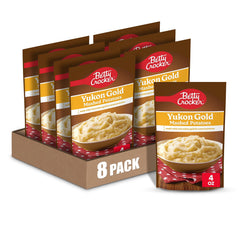 Betty Crocker Yukon Gold mashed potatoes packaging shows an eight-pack, convenient pantry staple.