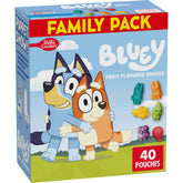 Betty Crocker Bluey fruit snacks box highlighting gluten-free, fat-free treats for family snacking.