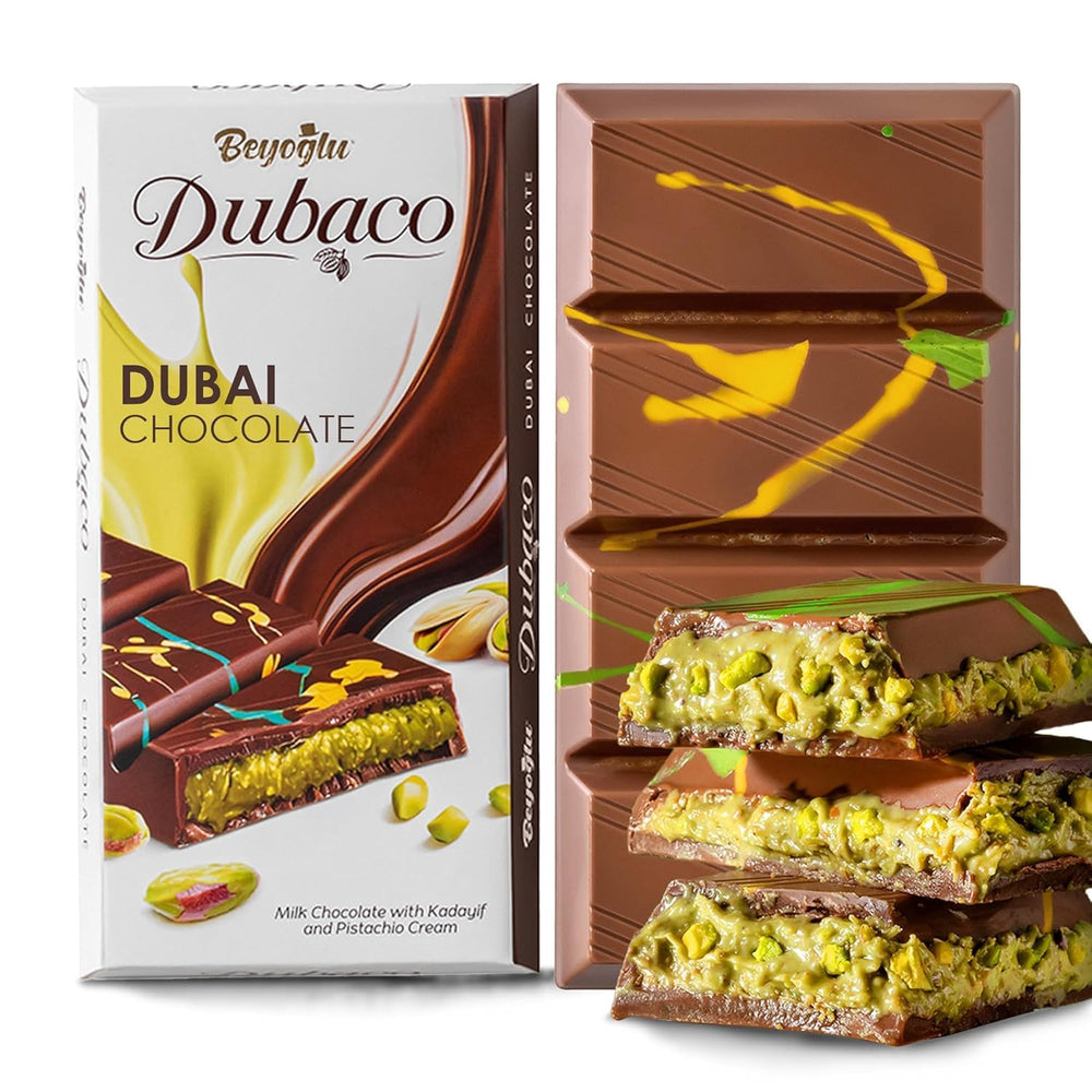 Beyoglu Dubaco Dubai chocolate bar with pistachio butter close-up for indulgent tasting.