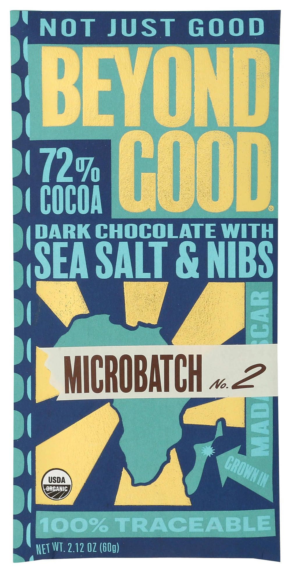 Beyond Good organic 72% sea salt nibs bar packshot showing premium ingredients for gourmet snacking.