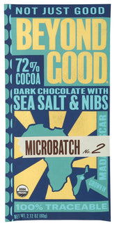 Beyond Good organic 72% sea salt nibs bar packshot showing premium ingredients for gourmet snacking.