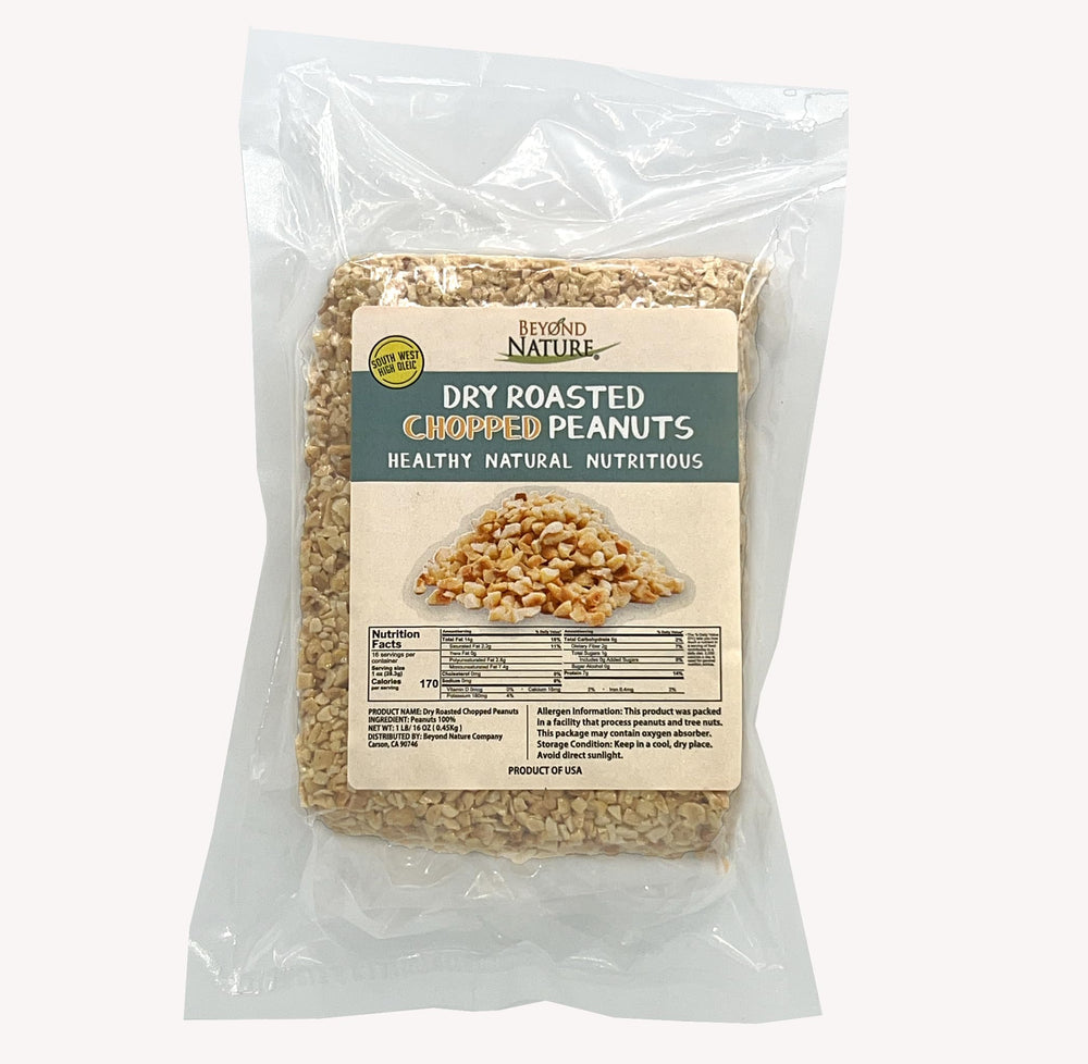 Beyond Nature unsalted dry roasted peanuts in 1lb bag promote a natural, protein-rich snack