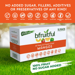 bfruitful freeze-dried mango snack bag on table, ready to eat.