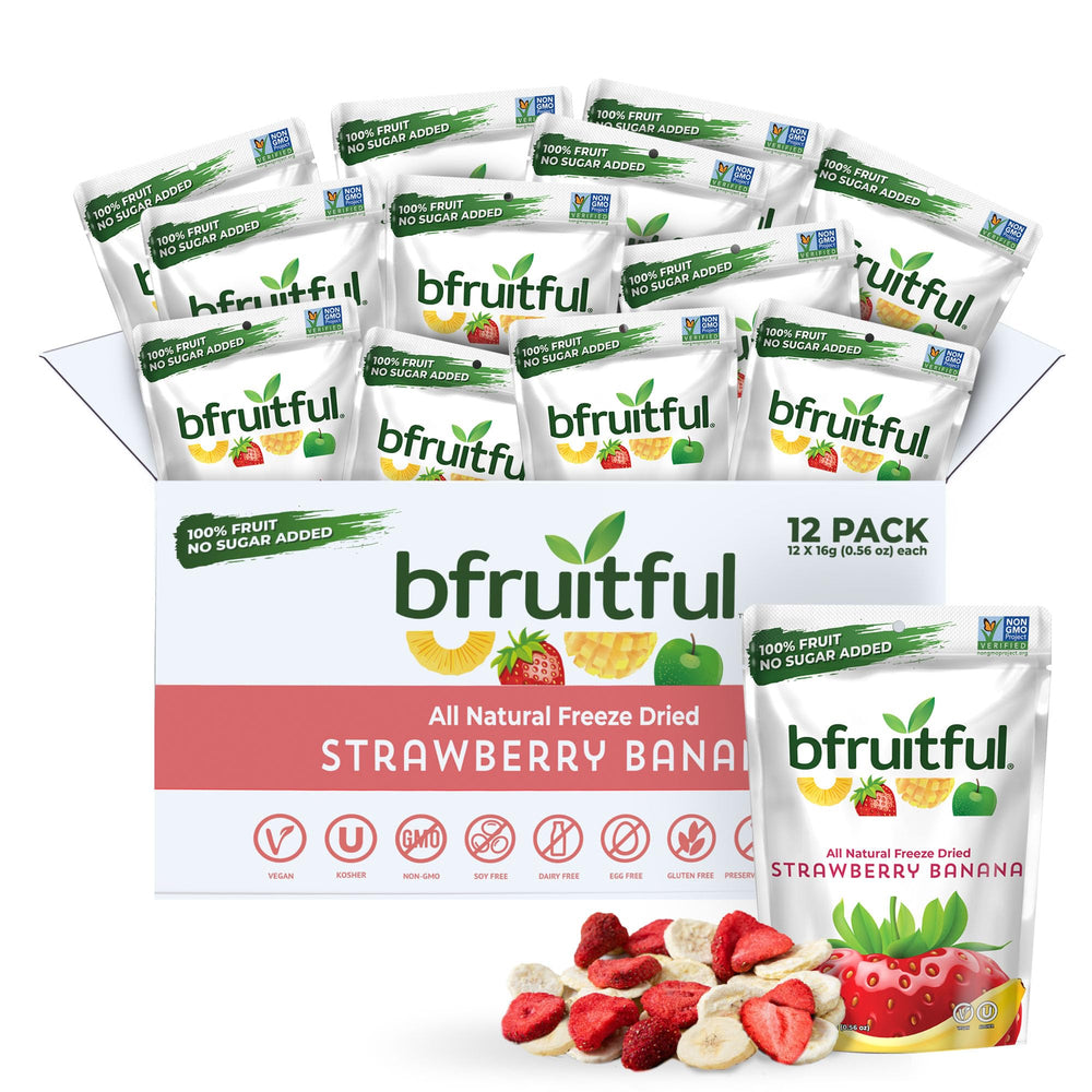 bfruitful freeze-dried strawberry banana bites in a pouch for on-the-go healthy snacking.