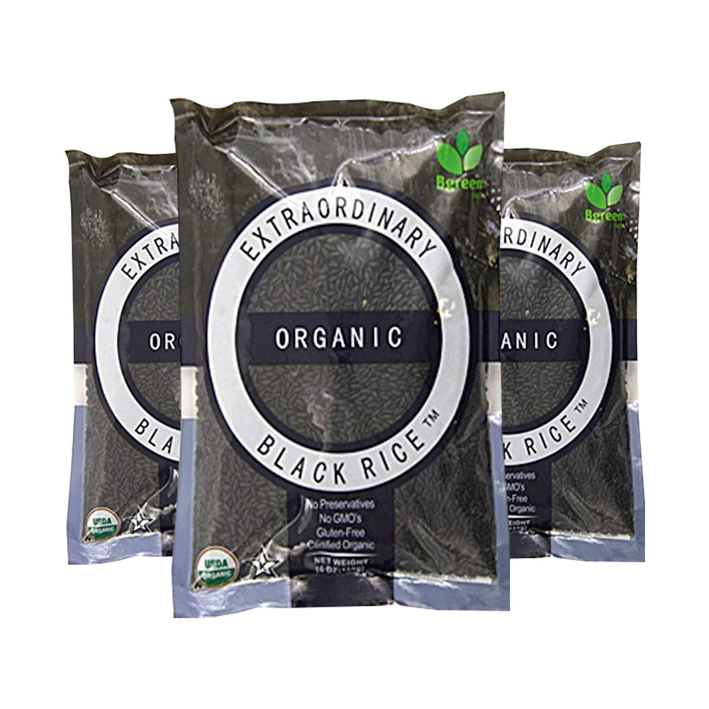 Bgreen Organic Black Rice 3 lb pack close-up, rich color and versatile pantry staple.