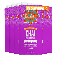 Bhakti Chai Tea Concentrate bottle closeup showing unsweetened latte readiness