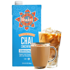 Bhakti Chai Tea Concentrate bottle being poured for a creamy latte