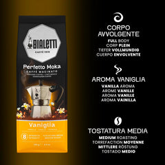 Bialetti Perfetto Moka Vanilla ground coffee bag with 250g packaging.