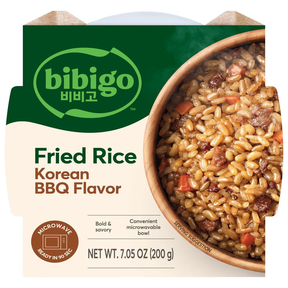 Bibigo Korean BBQ Flavor Fried Rice in a microwaveable bowl for a quick meal
