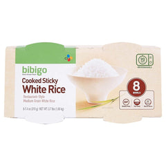 Bibigo restaurant-style cooked white rice bowls ready to heat and serve.