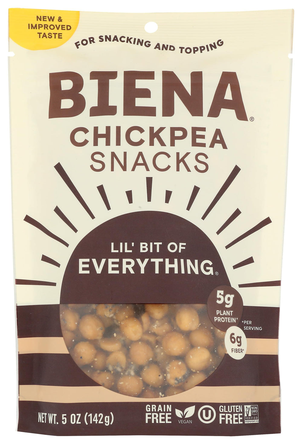 BIENA Chickpea Lil Bit Evrythin pack shot shows savory, protein-packed snack