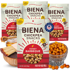 BIENA Chickpea Snacks BBQ bag front shows a savory, crunchy, protein-rich snack.