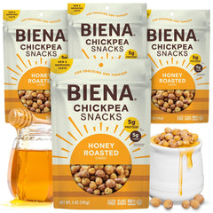 BIENA Honey Roasted Chickpeas bag front shows crispy texture and inviting flavor.
