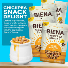 BIENA Chickpea Snacks closeup shows golden-brown, crisp roasted texture.